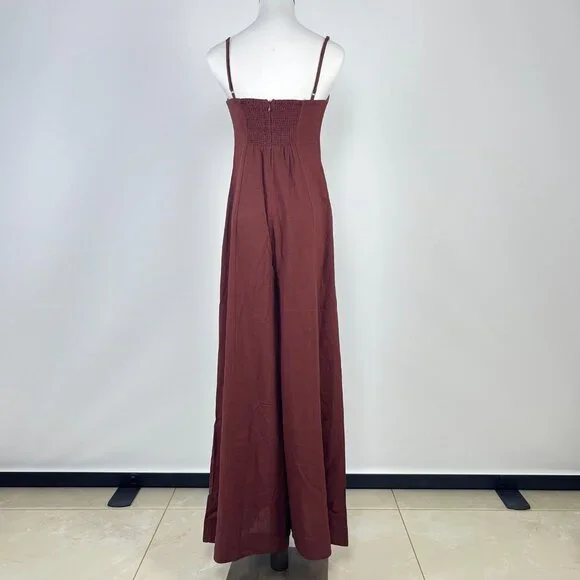 NWOT Farm Rio Linen Blend Sleeveless Halter Wide Leg Jumpsuit Sz L Brown